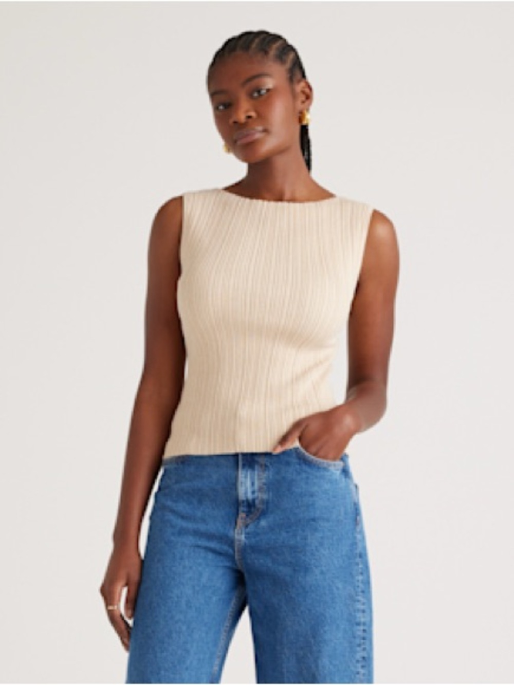 Quince Cotton Cashmere Ribbed Tank, Heather Oatmeal, Medium
